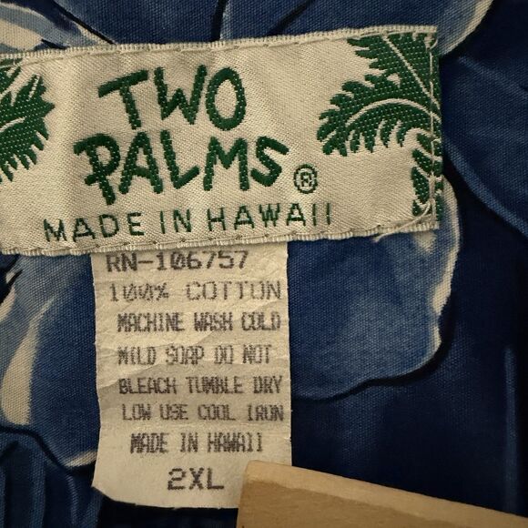 Vintage Two Palms Men's 2XL Hawaiian Shirt Made in Honolulu Hibiscus Blue Cotton - Picture 2 of 5